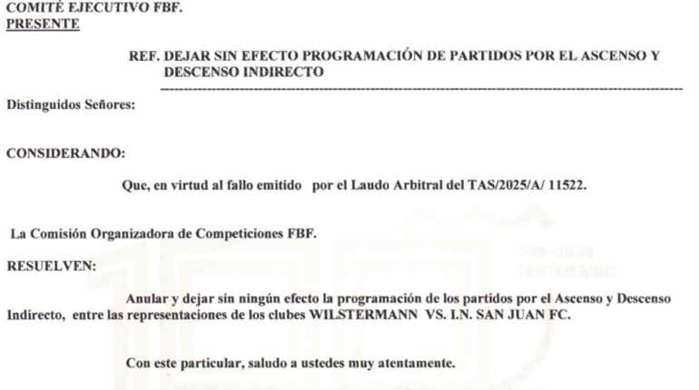 La Federación Boliviana de Fútbol anula partidos indirectos por descenso entre Wilstermann y San Juan tras fallo del Tribunal Arbitral