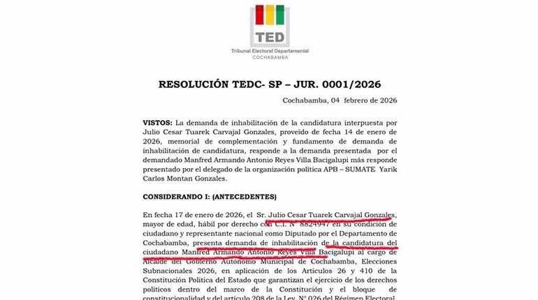 Manfred Reyes Villa confirmado como candidato a la Alcaldía de Cercado tras ratificación del TED de Cochabamba.